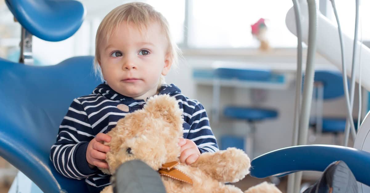 Little toddler boy with teddy bear toy at dentist’s clinic for routine check-up age child should go to the dentist